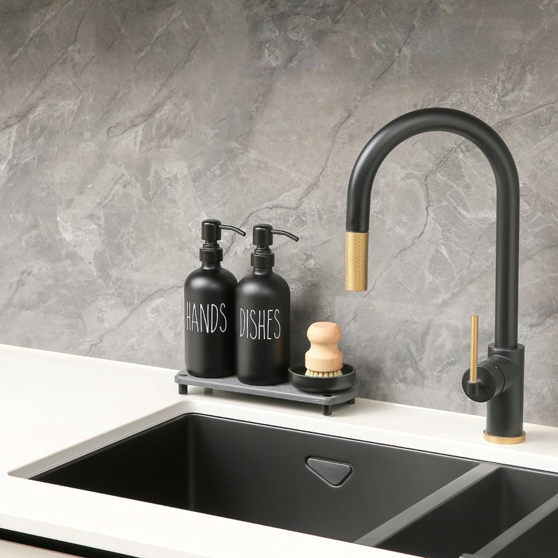 MOMEEMO Matte Black Soap Dispenser Set Comes with Stainless Steel Pumps, Instant Dry Tray, and Dish Scrub Brush, Suitable for Matte Black Kitchen Accessories. (Black) - Image 3