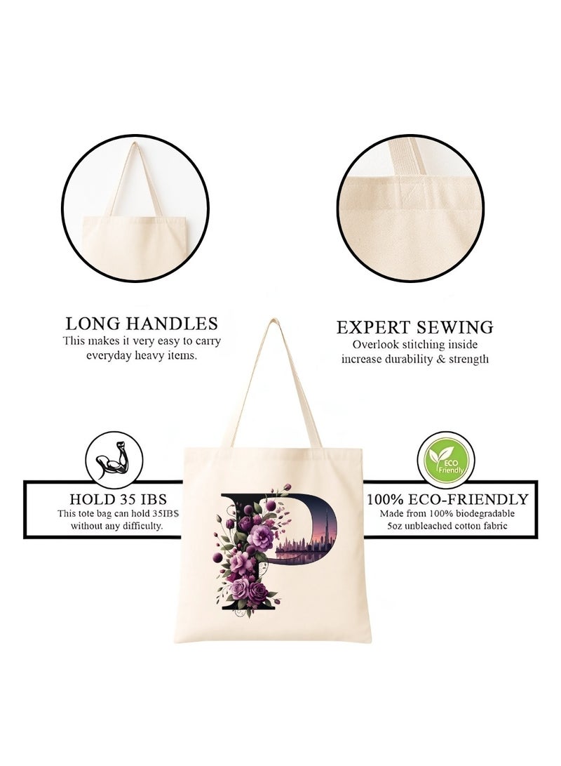PRINTSHOP4ME Eco-Friendly Initial Tote Bag  – Canvas Shopping Bag With Floral & Dubai Skyline Print | Reusable Bridesmaid Gift,Wedding Favor,Everyday Carryall - Image 4
