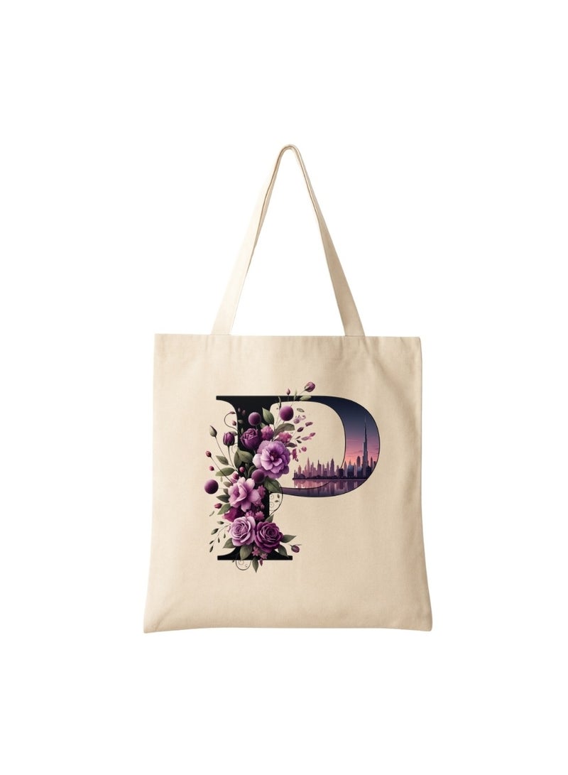 PRINTSHOP4ME Eco-Friendly Initial Tote Bag  – Canvas Shopping Bag With Floral & Dubai Skyline Print | Reusable Bridesmaid Gift,Wedding Favor,Everyday Carryall - Image 1