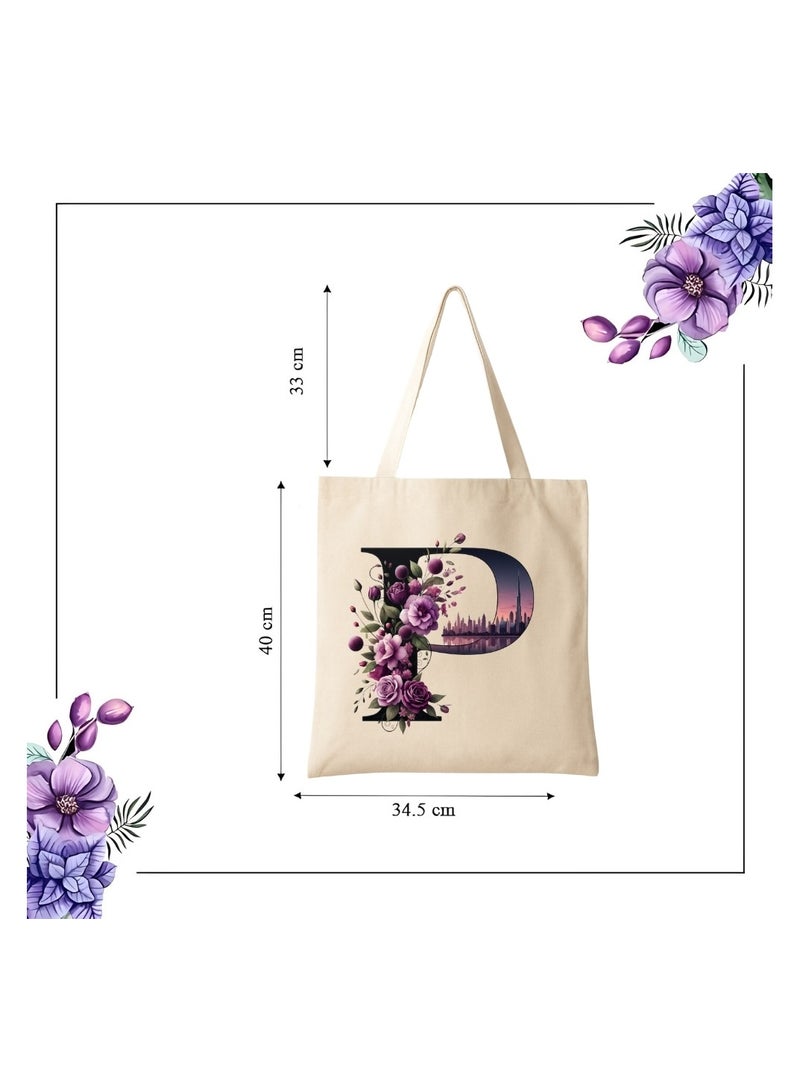 PRINTSHOP4ME Eco-Friendly Initial Tote Bag  – Canvas Shopping Bag With Floral & Dubai Skyline Print | Reusable Bridesmaid Gift,Wedding Favor,Everyday Carryall - Image 3