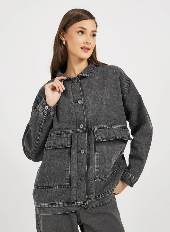 Styli Oversized Longline Denim Jacket with Flap Pocket