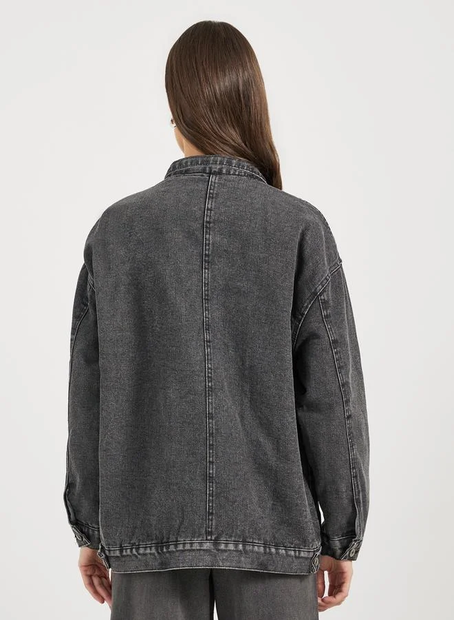 Styli Oversized Longline Denim Jacket with Flap Pocket