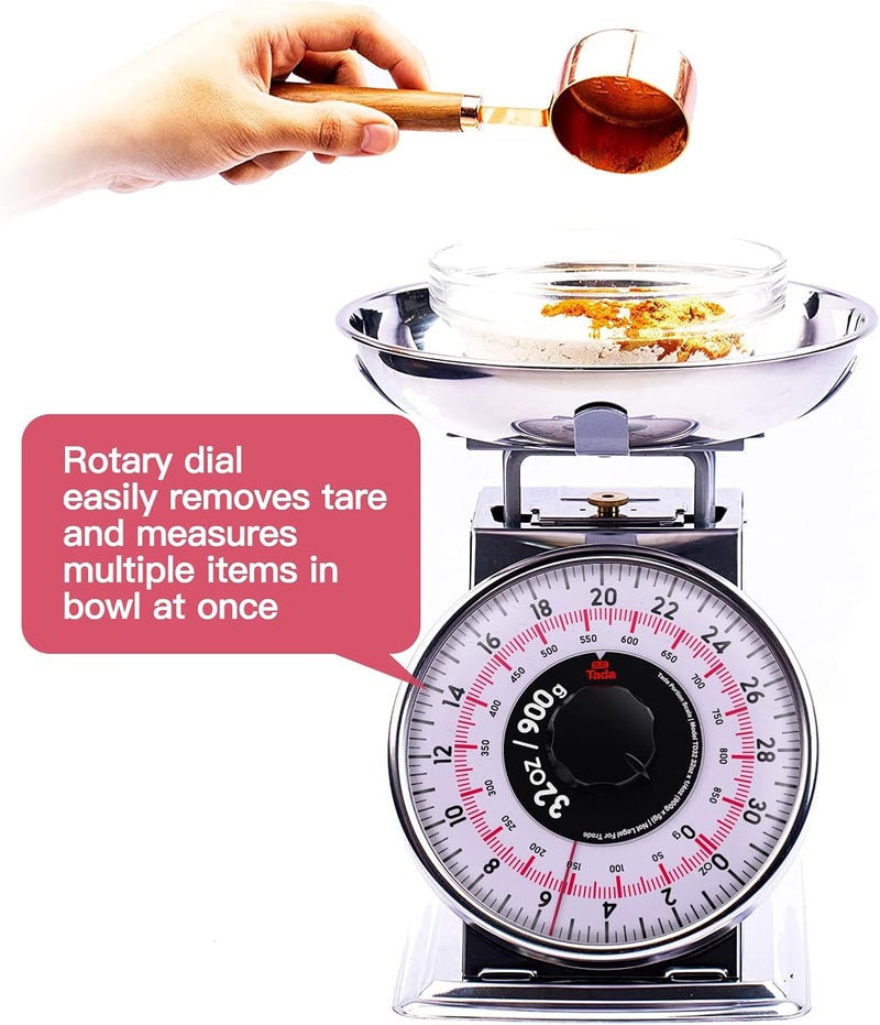 ta da 2 Pound Precise Portions Analog Food Scale 32 Ounces Stainless Steel Mechanical Kitchen Scale Removable Bowl, Tare Function, Retro Style, Kitchen Friendly - Image 2
