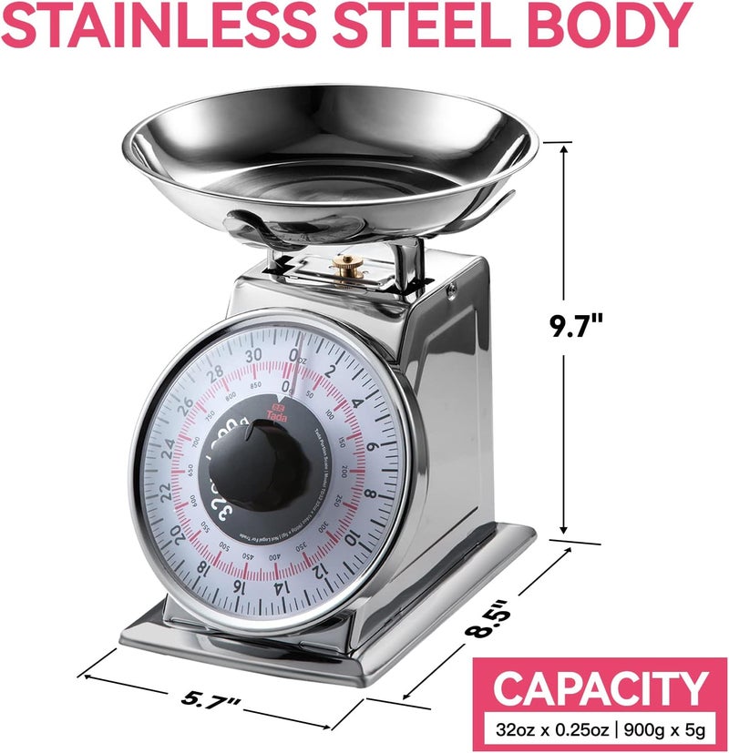 ta da 2 Pound Precise Portions Analog Food Scale 32 Ounces Stainless Steel Mechanical Kitchen Scale Removable Bowl, Tare Function, Retro Style, Kitchen Friendly - Image 5