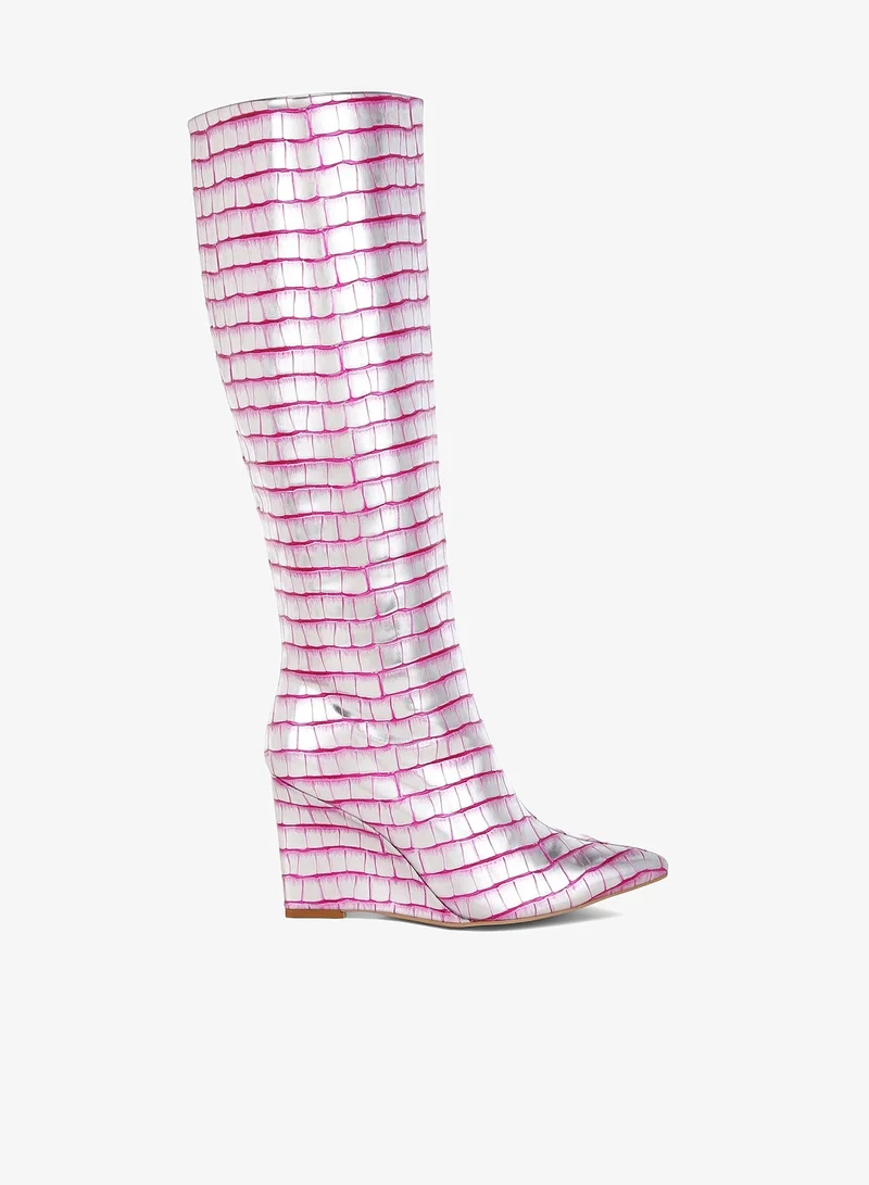 Croco Metallic Long Boots in Pink