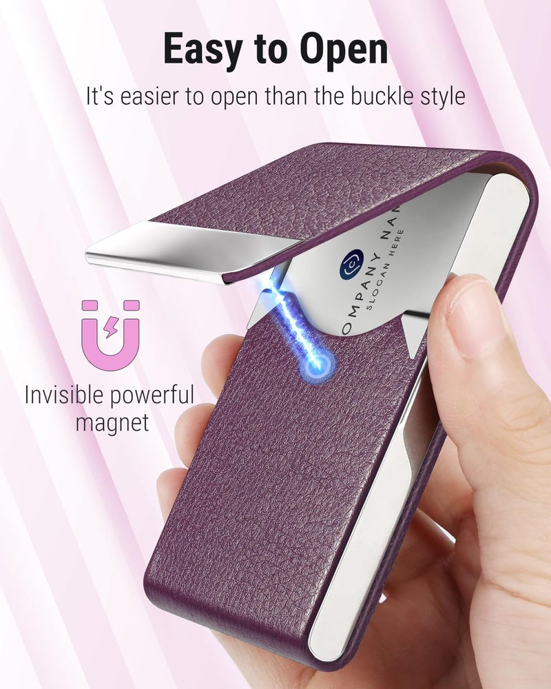 MaxGear Business Card Holder, Slim PU Leather & Stainless Steel Business Card Case for Men & Women, RFID Blocking Name Card Holder with Magnetic Closure, Purple - Image 3