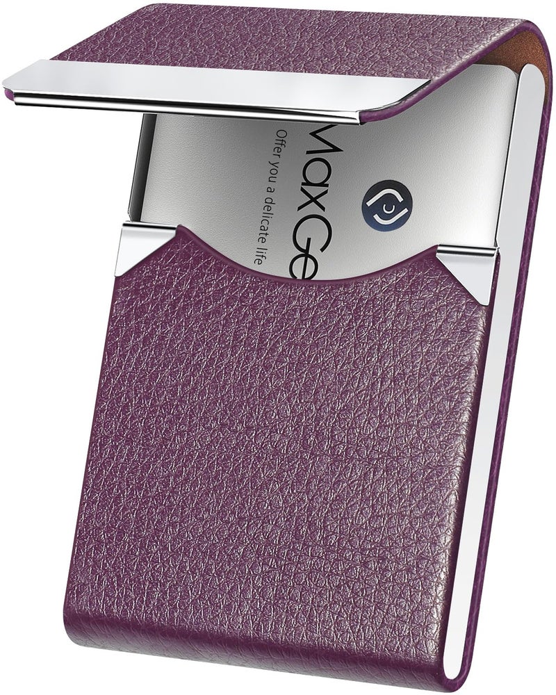 MaxGear Business Card Holder, Slim PU Leather & Stainless Steel Business Card Case for Men & Women, RFID Blocking Name Card Holder with Magnetic Closure, Purple - Image 1