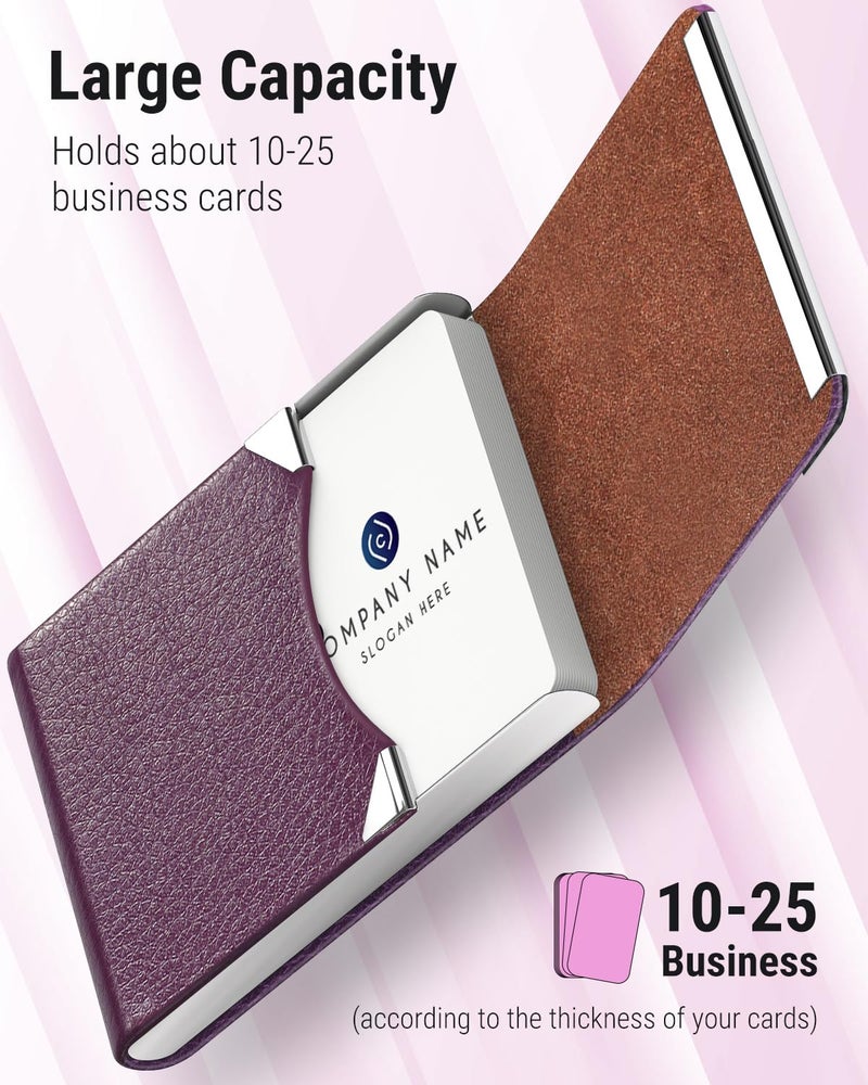 MaxGear Business Card Holder, Slim PU Leather & Stainless Steel Business Card Case for Men & Women, RFID Blocking Name Card Holder with Magnetic Closure, Purple - Image 2