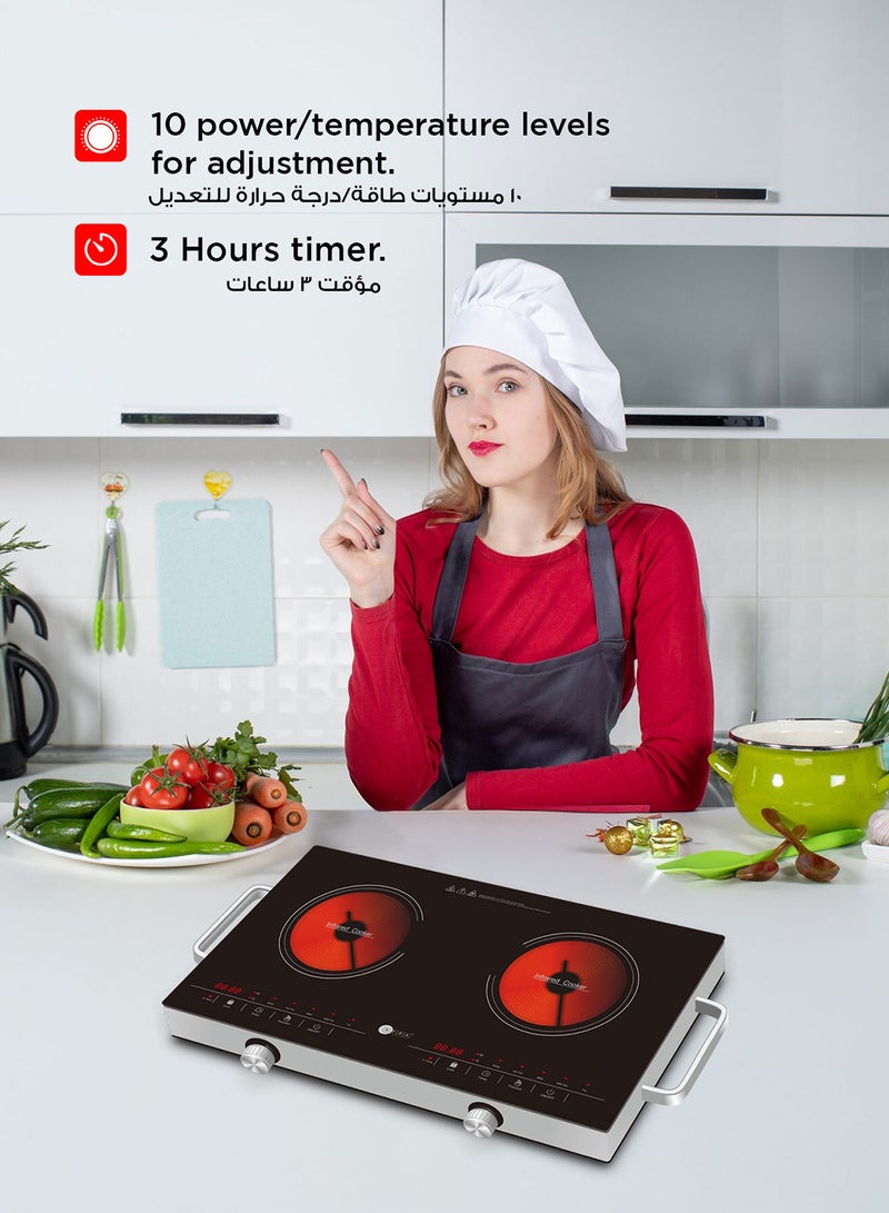 عفرا موقد أفرا بالأشعة تحت الحمراء (مزدوج)، 3000 وات، شاشة LED، قفل للأطفال، لوحة كريستال، هيكل من الفولاذ المقاوم للصدأ، 4 شاشات LED رقمية، G-Mark، ESMA، RoHS، ومعتمد من CB، AF-3000ICBK، ضمان لمدة عامين. - Image 2