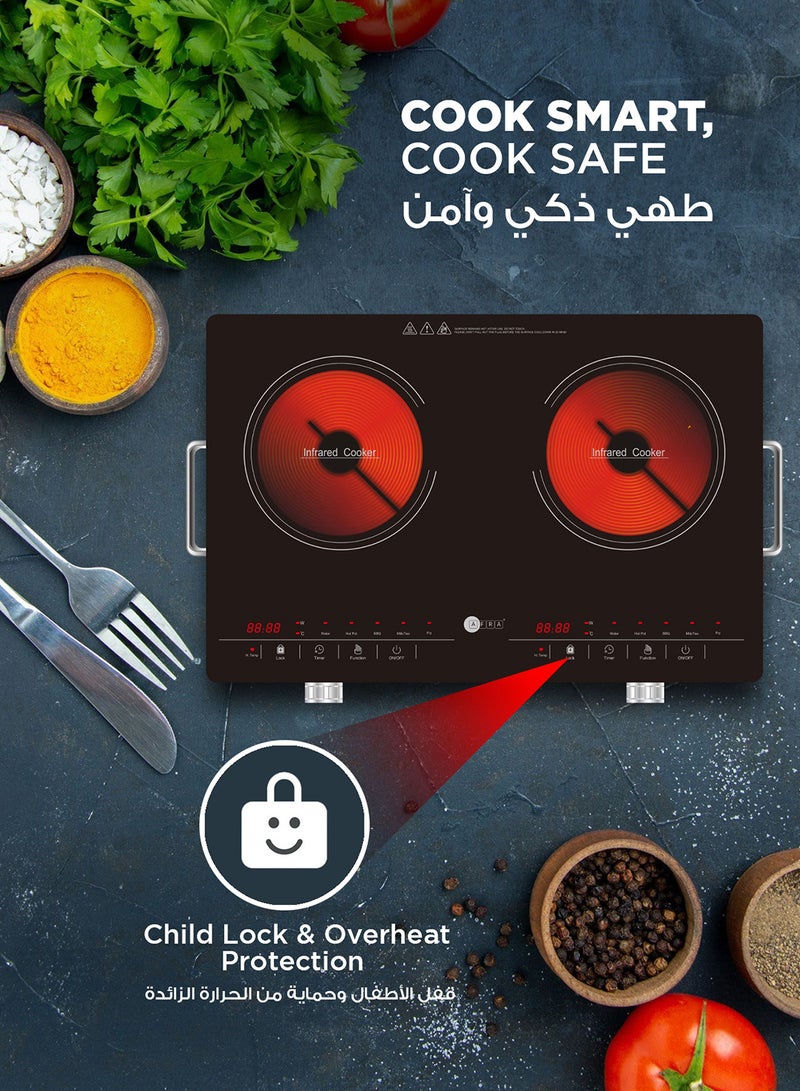 عفرا موقد أفرا بالأشعة تحت الحمراء (مزدوج)، 3000 وات، شاشة LED، قفل للأطفال، لوحة كريستال، هيكل من الفولاذ المقاوم للصدأ، 4 شاشات LED رقمية، G-Mark، ESMA، RoHS، ومعتمد من CB، AF-3000ICBK، ضمان لمدة عامين. - Image 4