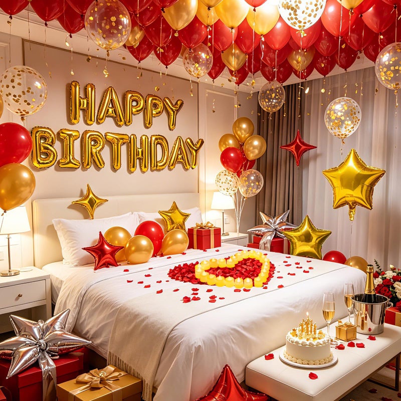 Peconal Gold Happy Birthday Balloons Decorations Red and Gold Birthday Balloon Letters Banner with 6 Pcs Star Balloons Red Artificial Rose Petals 24 Flameless LED Candles for Room Golden Bday Party Supplies - Image 2