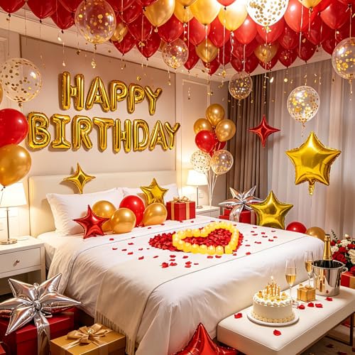 Peconal Gold Happy Birthday Balloons Decorations Red and Gold Birthday Balloon Letters Banner with 6 Pcs Star Balloons Red Artificial Rose Petals 24 Flameless LED Candles for Room Golden Bday Party Supplies - Image 1