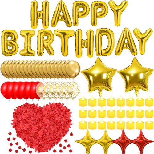 Peconal Gold Happy Birthday Balloons Decorations Red and Gold Birthday Balloon Letters Banner with 6 Pcs Star Balloons Red Artificial Rose Petals 24 Flameless LED Candles for Room Golden Bday Party Supplies - Image 3
