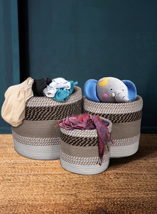 N & H Eco-friendly Handmade Jute Fabric Planter Baskets - Set of 3 - Organizer for Storage, Laundry and Home Décor (Black, Beige & Cream) - Image 1