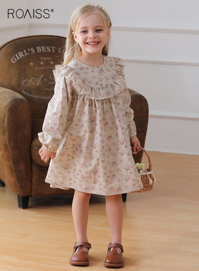 roaiss Girls Retro Floral Dress, Long Sleeve A-line Dress, Cotton Dress for Spring and Autumn, Fancy Dress with Floral Patterns, Suitable for Daily Wear and Outdoor Activities - Image 3