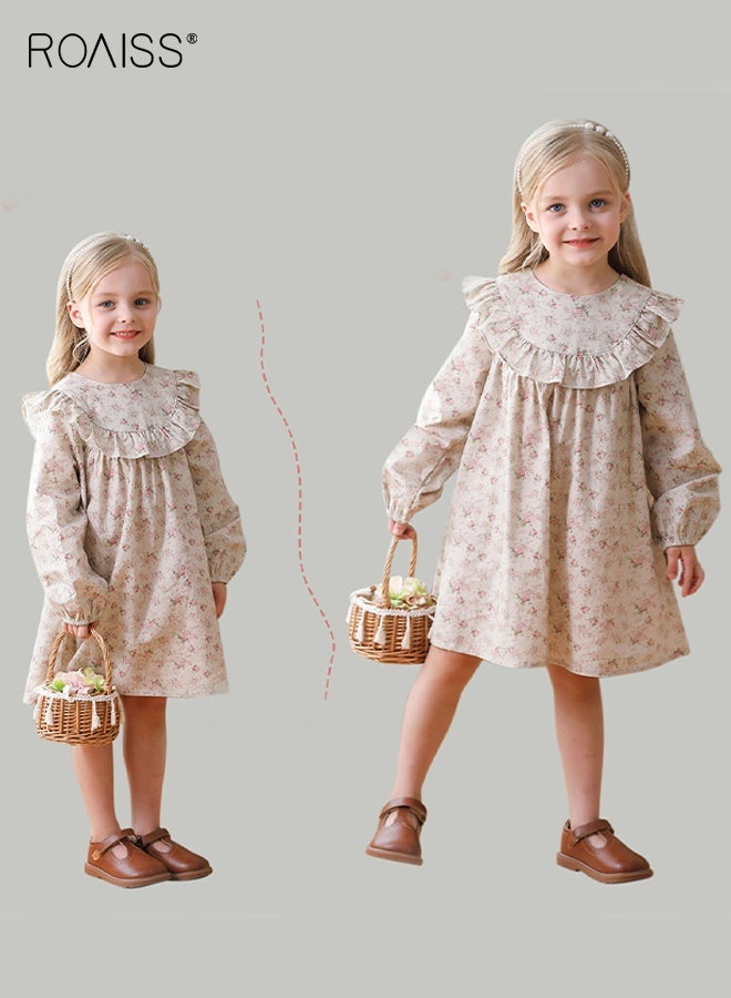 roaiss Girls Retro Floral Dress, Long Sleeve A-line Dress, Cotton Dress for Spring and Autumn, Fancy Dress with Floral Patterns, Suitable for Daily Wear and Outdoor Activities - Image 2