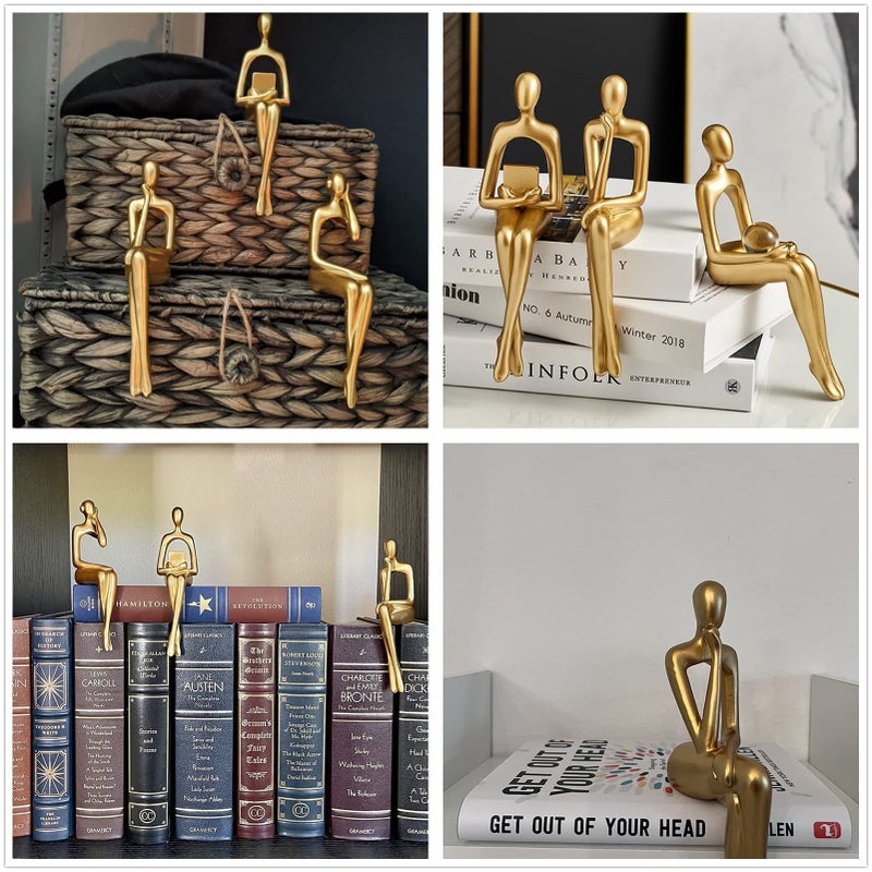 SHENGTIAN Resin Reading Sculpture Gold Decor Sitting Thinker Statue Abstract Sculptures, Bookshelf Decor Accents Resin Gold Figurines for Home Office Living Room Shelf Desktop Decor (BCD) - Image 5