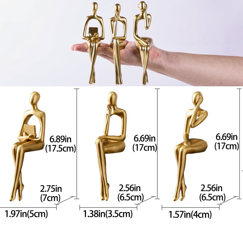 SHENGTIAN Resin Reading Sculpture Gold Decor Sitting Thinker Statue Abstract Sculptures, Bookshelf Decor Accents Resin Gold Figurines for Home Office Living Room Shelf Desktop Decor (BCD) - Image 3