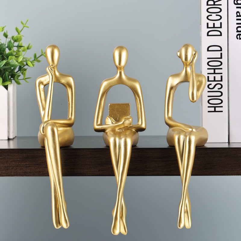 SHENGTIAN Resin Reading Sculpture Gold Decor Sitting Thinker Statue Abstract Sculptures, Bookshelf Decor Accents Resin Gold Figurines for Home Office Living Room Shelf Desktop Decor (BCD) - Image 2