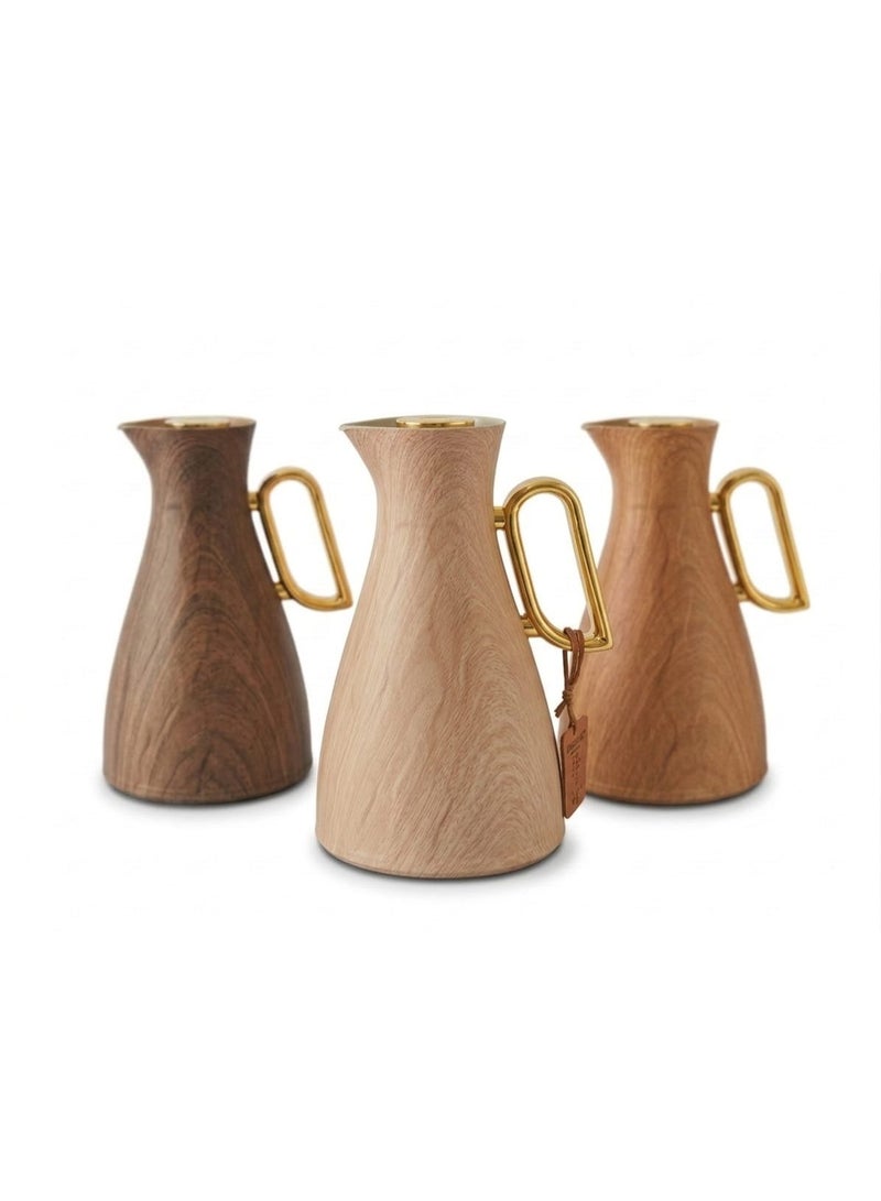 Germax Vacuum Flask Thermos with Light-Wood Finish and Gold Handle - 1.0L Insulated Dallah for Tea & Coffee - Image 1