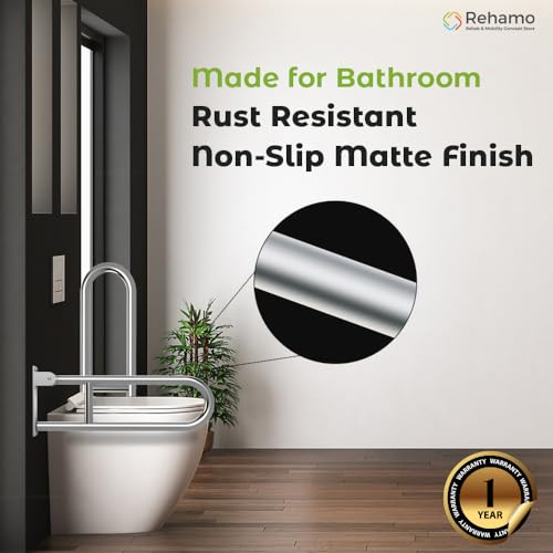 Rehamo Flip Up Nylon Stainless Steel Grab Bar for Bathroom Safety, Handle with Textured Grip Surface | Folding Wall Mounted Toilet Hand Support for Elderly with 1 Year Warranty - Image 2