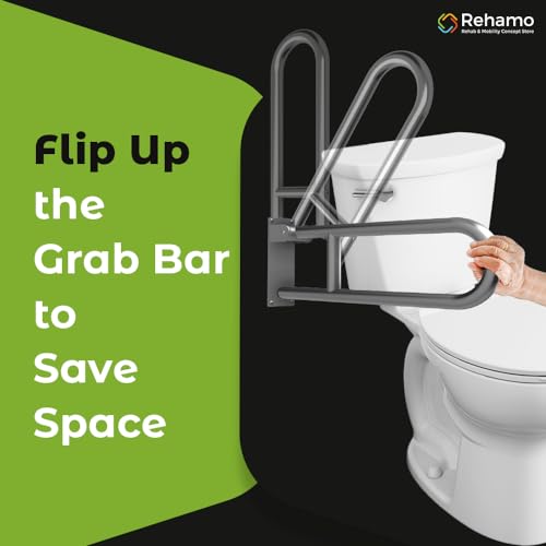 Rehamo Flip Up Nylon Stainless Steel Grab Bar for Bathroom Safety, Handle with Textured Grip Surface | Folding Wall Mounted Toilet Hand Support for Elderly with 1 Year Warranty - Image 3