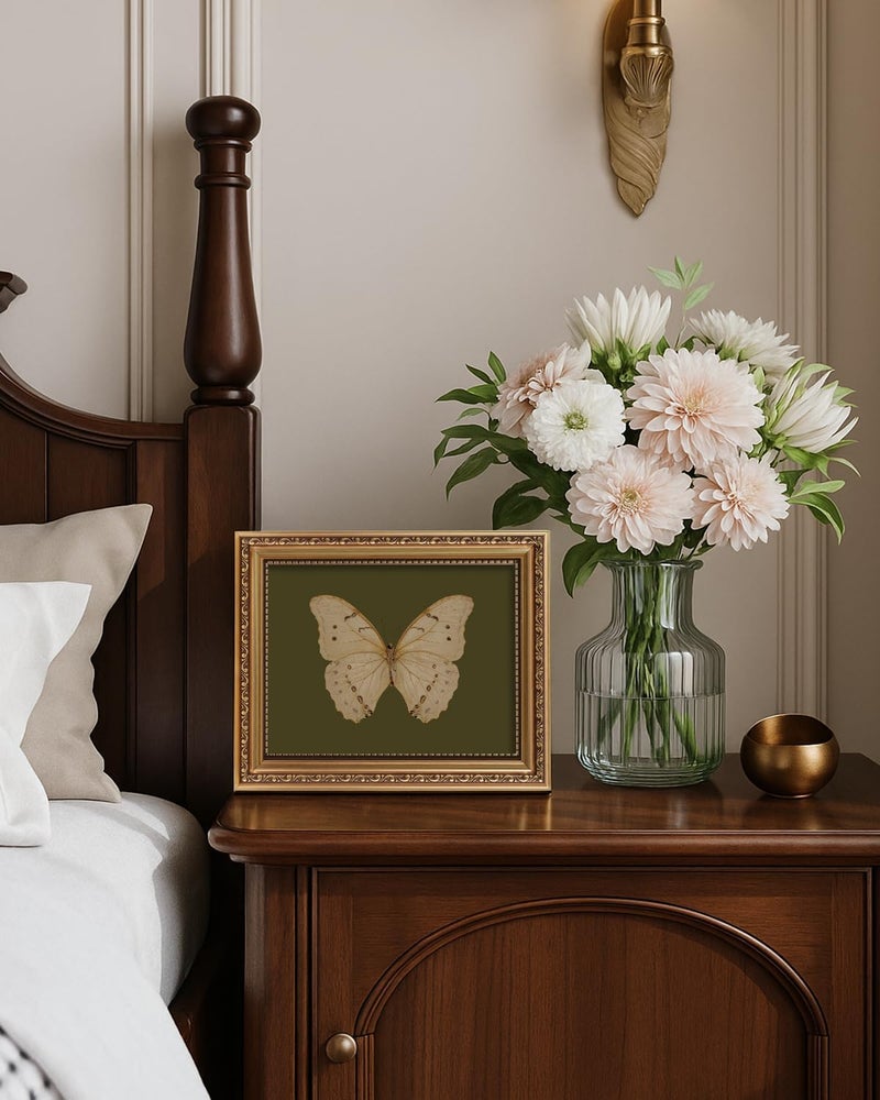 ARPEOTCY Vintage Gold Framed Wall Art, Classical White Butterfly Paintings, 8x10 inch Small Moody Green Canvas Prints with Antique Picture Frame, Victorian Wall Decor for Gallery Living Room Shelf - Image 3