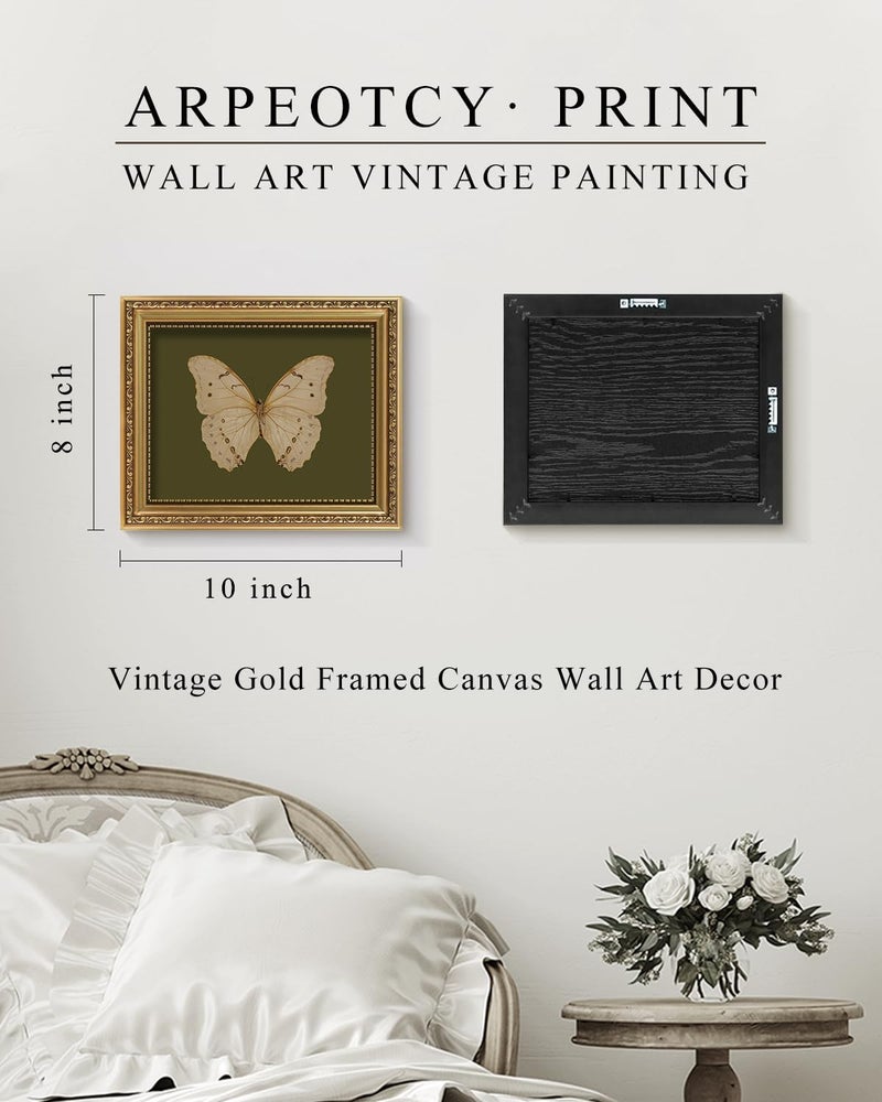 ARPEOTCY Vintage Gold Framed Wall Art, Classical White Butterfly Paintings, 8x10 inch Small Moody Green Canvas Prints with Antique Picture Frame, Victorian Wall Decor for Gallery Living Room Shelf - Image 5