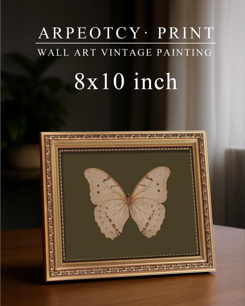 ARPEOTCY Vintage Gold Framed Wall Art, Classical White Butterfly Paintings, 8x10 inch Small Moody Green Canvas Prints with Antique Picture Frame, Victorian Wall Decor for Gallery Living Room Shelf - Image 2