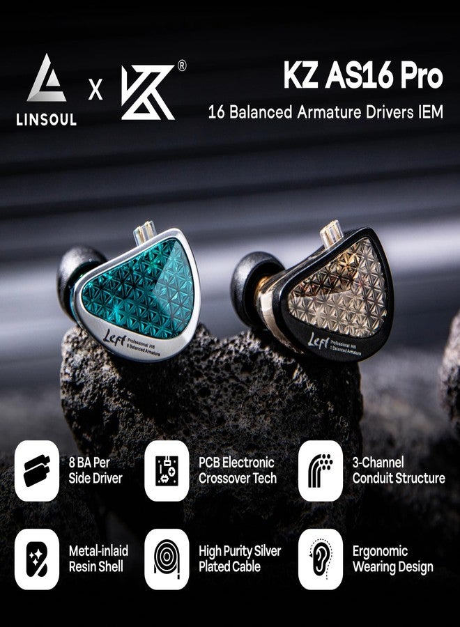 سماعات أذن سلكية Linsoul KZ AS16 Pro، سماعات أذن بمحركات متوازنة 16BA، سماعات أذن داخلية عالية الدقة مع صوت جهير قوي، مزودة بكابل قابل للفصل 0.75 مم ثنائي الدبابيس (أسود، بدون ميكروفون) - Image 2