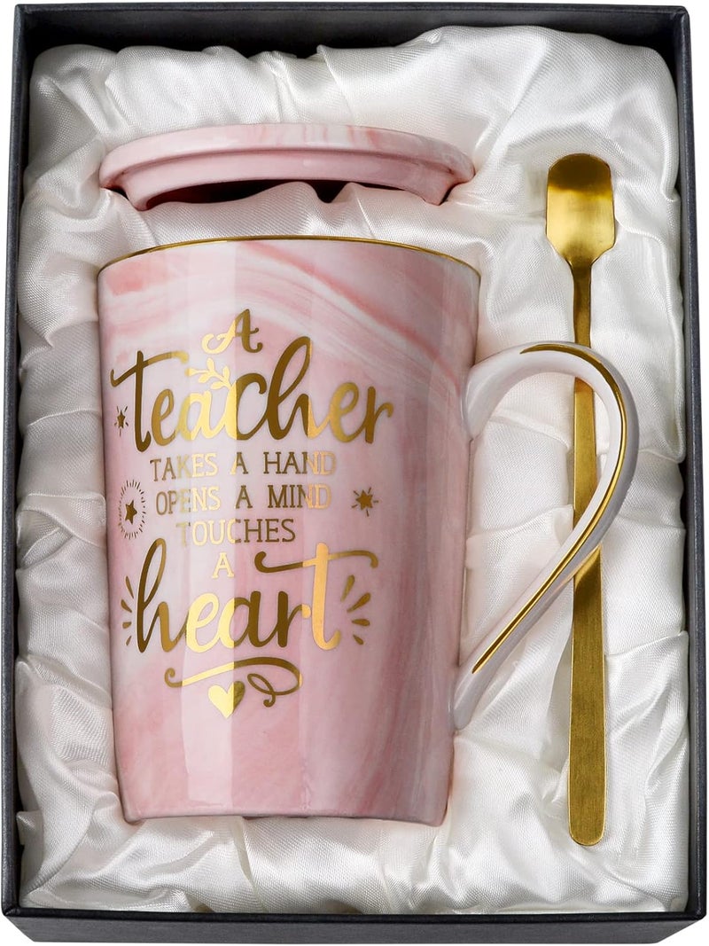 ALBISS Unique Teacher Appreciation Gifts for Women - Best Teachers Christmas Mug for Teachers from Student, 14Oz Pink Marble Ceramic Gold Print Teacher Cup, Birthday Retirement Graduation, Nice Gift Boxed - Image 1