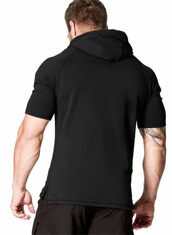 COOFANDY Men's Short Sleeve Hoodie Workout Gym Sweatshirt Muscle Fit Fashion Athletic Hoodies Pullover Cotton Hooded T-Shirts, Black, L - Image 2