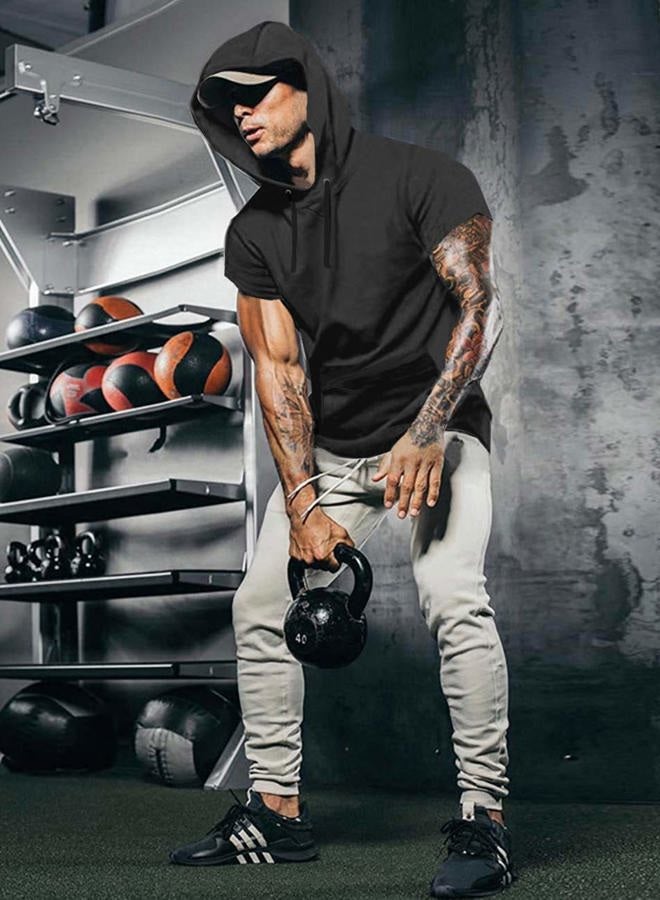 COOFANDY Men's Short Sleeve Hoodie Workout Gym Sweatshirt Muscle Fit Fashion Athletic Hoodies Pullover Cotton Hooded T-Shirts, Black, L - Image 3