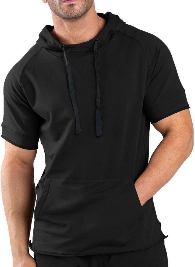 COOFANDY Men's Short Sleeve Hoodie Workout Gym Sweatshirt Muscle Fit Fashion Athletic Hoodies Pullover Cotton Hooded T-Shirts, Black, L - Image 1