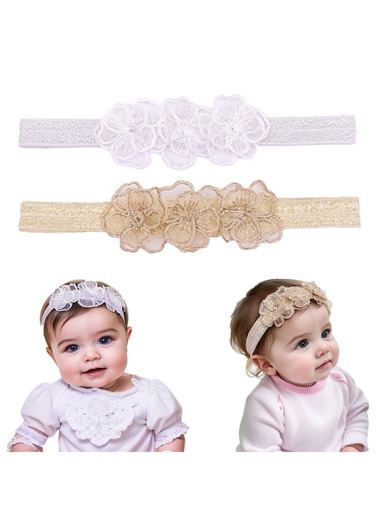 2-Pack Baby Girl Floral Lace Headbands – Soft Stretchy Hairbands for Newborns & Toddlers, White & Champagne | Elastic Hair Accessories for Baby Shower, Birthday, Photos - Image 1