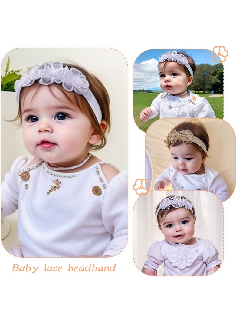 2-Pack Baby Girl Floral Lace Headbands – Soft Stretchy Hairbands for Newborns & Toddlers, White & Champagne | Elastic Hair Accessories for Baby Shower, Birthday, Photos - Image 2