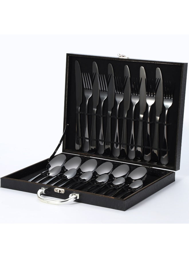 Stainless Steel 1010 Cutlery Set 24 Pieces Titanium Coated Western Dining Utensils Gift Box Set Export Gifts-Color:Black 24-piece Set-Black Box  - Image 1