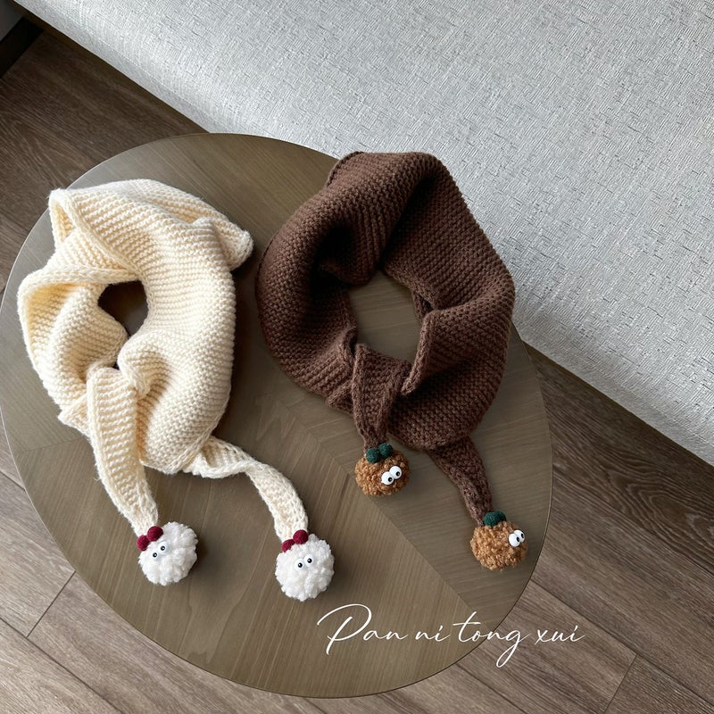 Kids Triangle Knit Scarf with Pom-Poms Winter Warm Black  - Image 2