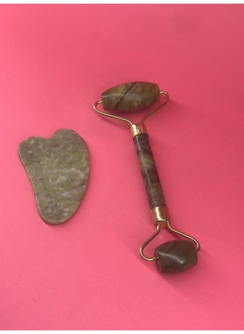 مجموعة أدوات غوا شا الطبيعية المضادة للشيخوخة للوجه، بكرة اليشم الأخضر لتدليك الوجه والرقبة - Image 1