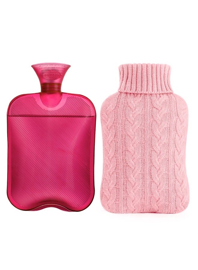 samply Hot Water Bottle with Knitted Cover, 2L Hot Water Bag for Hot and Cold Compress, Hand Feet Warmer, Ideal for Menstrual Cramps, Neck and Shoulder Pain Relief, Pink - Image 1