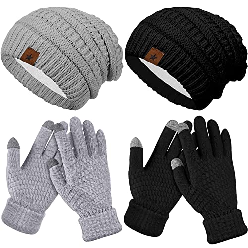 Jeere 4 Pcs Women Winter Glove and Hat Set Winter Hat Touchscreen Gloves Warm Knitted Beanie and Mittens for Women(Gray, Black) - Image 1