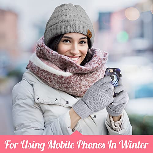 Jeere 4 Pcs Women Winter Glove and Hat Set Winter Hat Touchscreen Gloves Warm Knitted Beanie and Mittens for Women(Gray, Black) - Image 5
