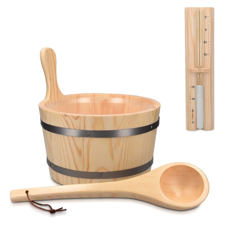Navaris Wooden Sauna Bucket with Ladle - Essential Spa Accessory for Steam Room with 1.3 Gallon Pine Wood Bucket, Plastic Liner, Ladle, Sand Timer - Image 1
