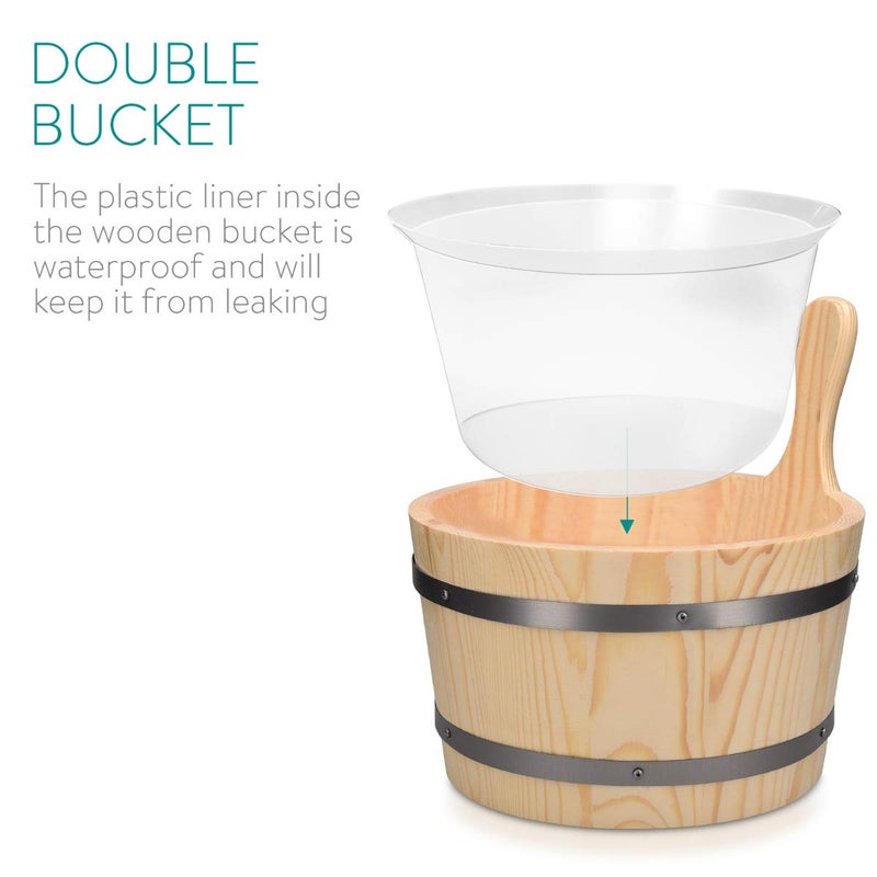 Navaris Wooden Sauna Bucket with Ladle - Essential Spa Accessory for Steam Room with 1.3 Gallon Pine Wood Bucket, Plastic Liner, Ladle, Sand Timer - Image 3
