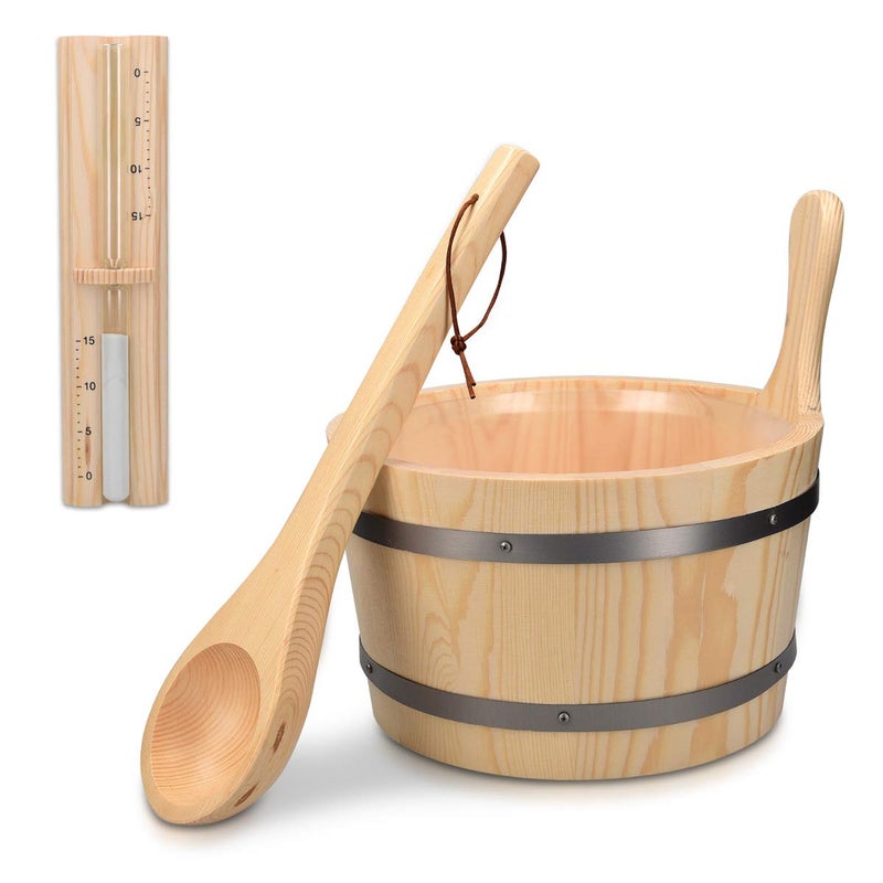 Navaris Wooden Sauna Bucket with Ladle - Essential Spa Accessory for Steam Room with 1.3 Gallon Pine Wood Bucket, Plastic Liner, Ladle, Sand Timer - Image 5