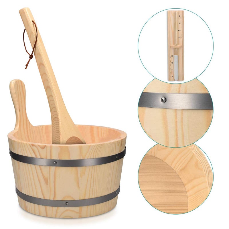 Navaris Wooden Sauna Bucket with Ladle - Essential Spa Accessory for Steam Room with 1.3 Gallon Pine Wood Bucket, Plastic Liner, Ladle, Sand Timer - Image 4