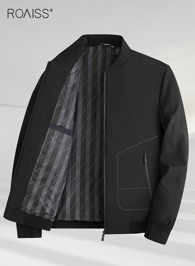 رويس جاكيت رجالي ربيعي وخريفي متعدد الجيوب بسحاب وياقة ثابتة، مناسب للعمل في منتصف العمر، فضفاض، مناسب للتنفيذيين، ومعطف، هدية للأب، باللون الأسود - Image 1