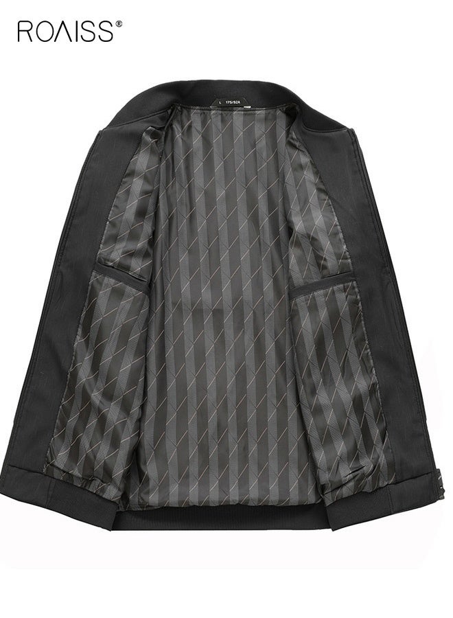 رويس جاكيت رجالي ربيعي وخريفي متعدد الجيوب بسحاب وياقة ثابتة، مناسب للعمل في منتصف العمر، فضفاض، مناسب للتنفيذيين، ومعطف، هدية للأب، باللون الأسود - Image 3