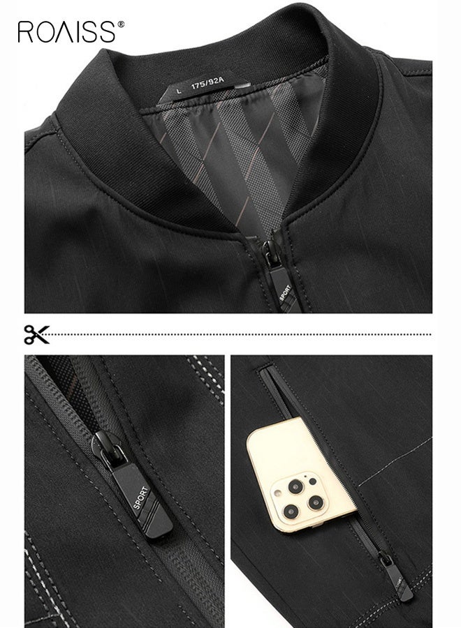 رويس جاكيت رجالي ربيعي وخريفي متعدد الجيوب بسحاب وياقة ثابتة، مناسب للعمل في منتصف العمر، فضفاض، مناسب للتنفيذيين، ومعطف، هدية للأب، باللون الأسود - Image 4