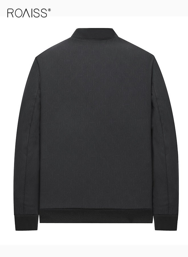 رويس جاكيت رجالي ربيعي وخريفي متعدد الجيوب بسحاب وياقة ثابتة، مناسب للعمل في منتصف العمر، فضفاض، مناسب للتنفيذيين، ومعطف، هدية للأب، باللون الأسود - Image 2